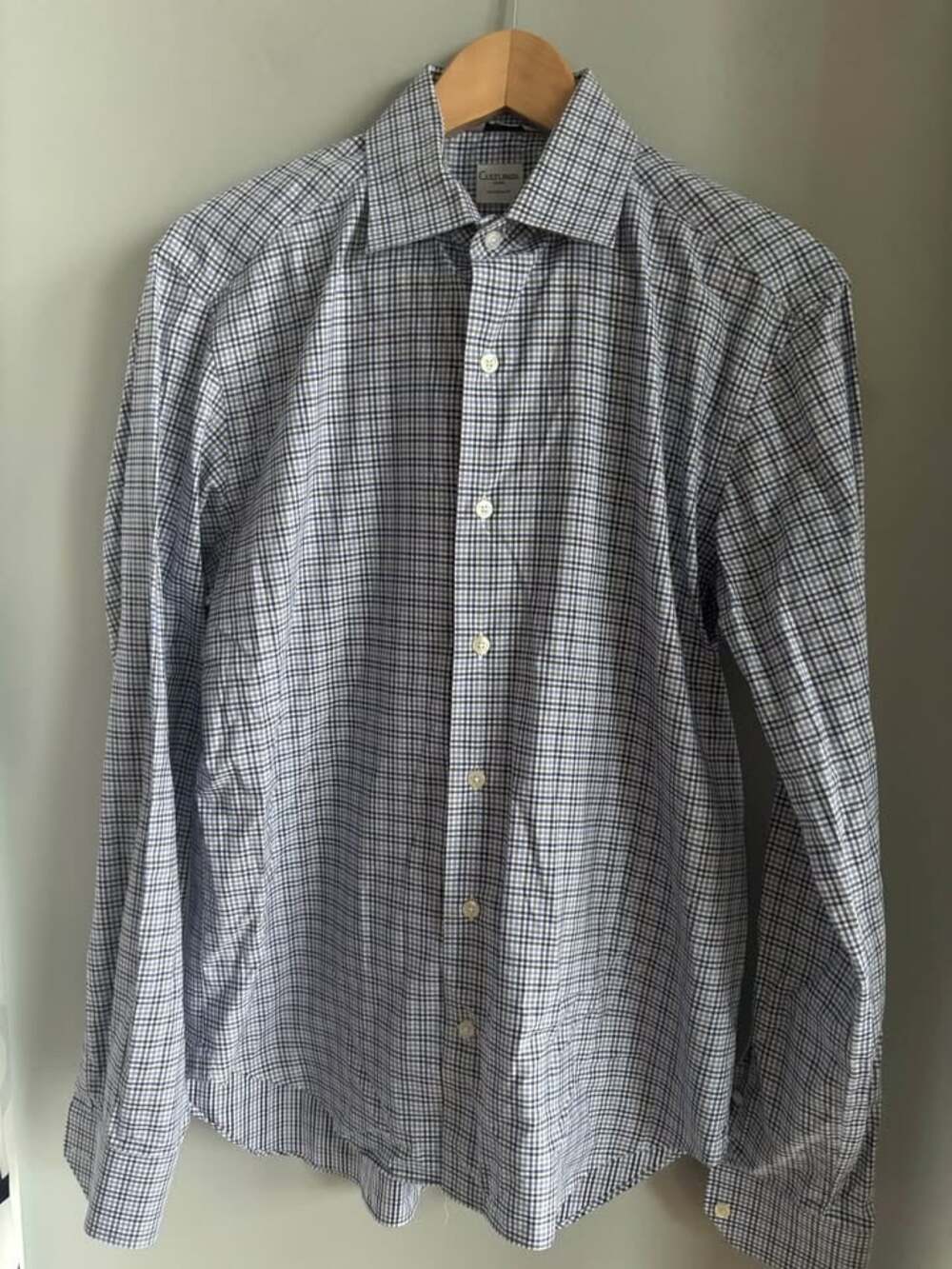 Culturata Tailored Fit Dress Shirt Mens M 15.75 40 Made in Italy Blue Check Plai